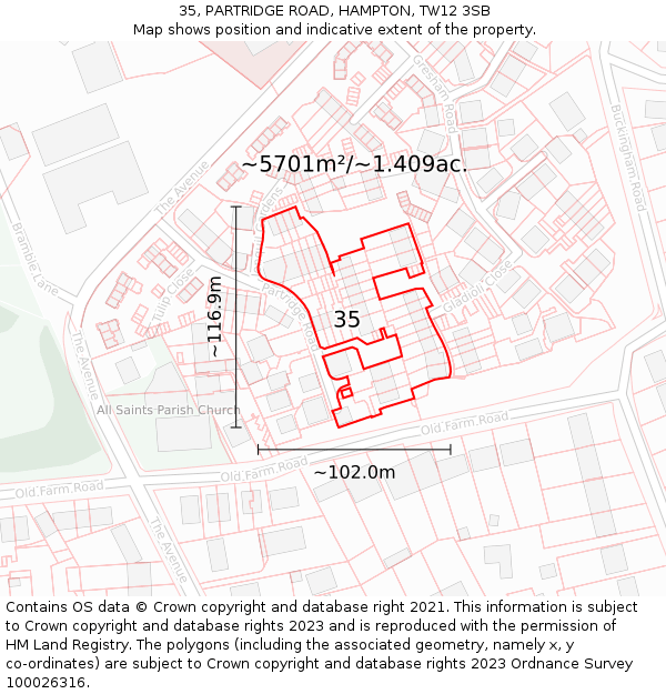 35, PARTRIDGE ROAD, HAMPTON, TW12 3SB: Plot and title map