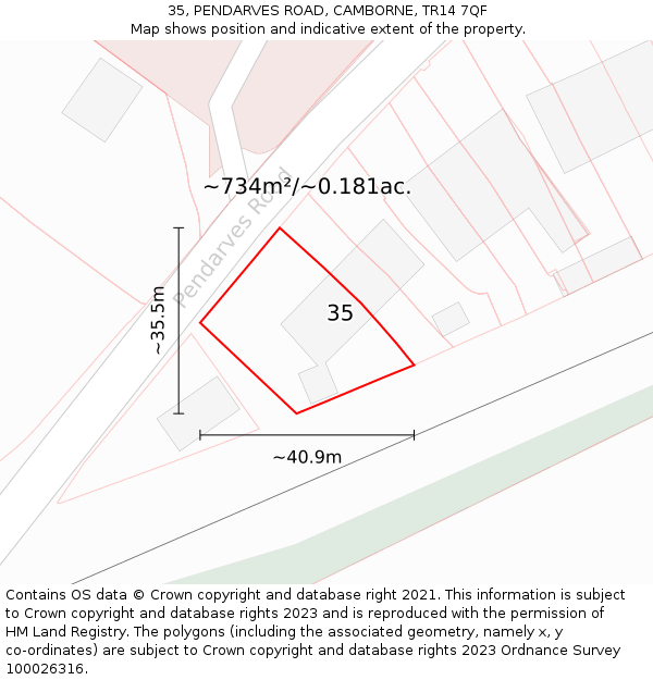 35, PENDARVES ROAD, CAMBORNE, TR14 7QF: Plot and title map