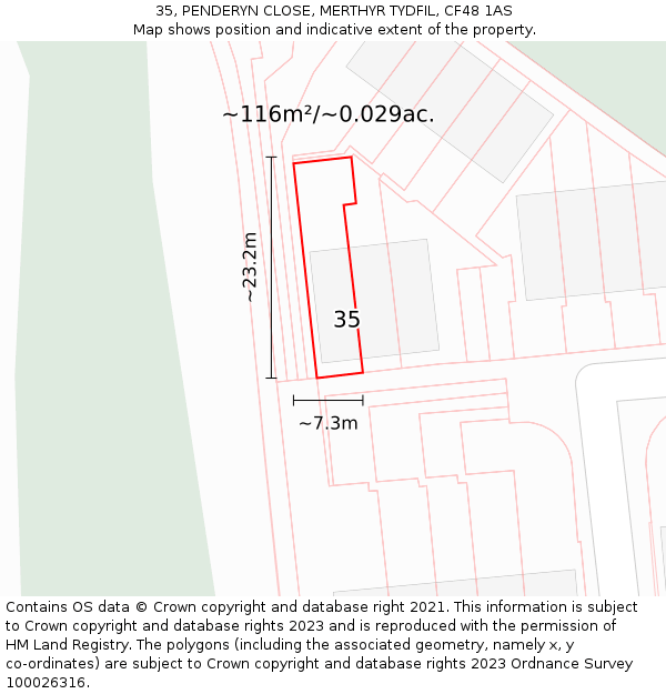 35, PENDERYN CLOSE, MERTHYR TYDFIL, CF48 1AS: Plot and title map