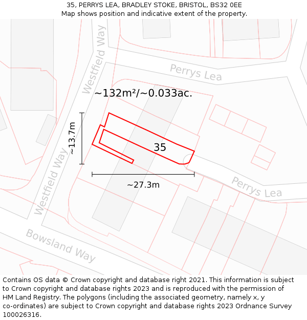 35, PERRYS LEA, BRADLEY STOKE, BRISTOL, BS32 0EE: Plot and title map