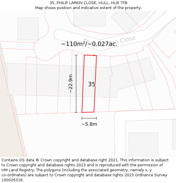 35, PHILIP LARKIN CLOSE, HULL, HU6 7FB: Plot and title map