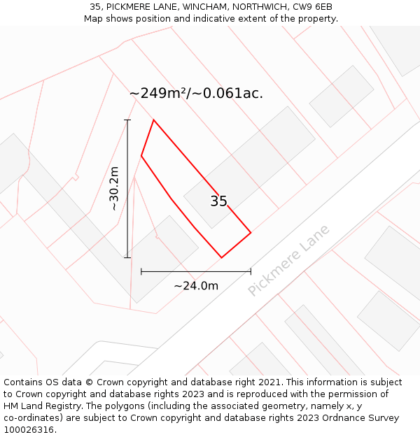 35, PICKMERE LANE, WINCHAM, NORTHWICH, CW9 6EB: Plot and title map