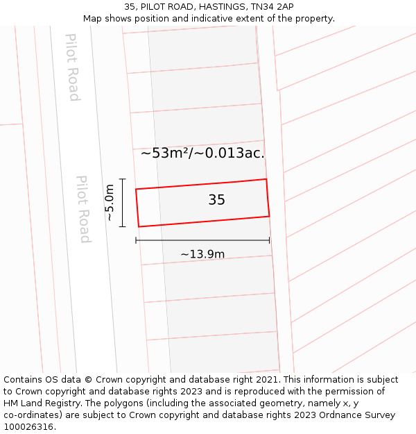35, PILOT ROAD, HASTINGS, TN34 2AP: Plot and title map