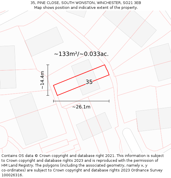 35, PINE CLOSE, SOUTH WONSTON, WINCHESTER, SO21 3EB: Plot and title map