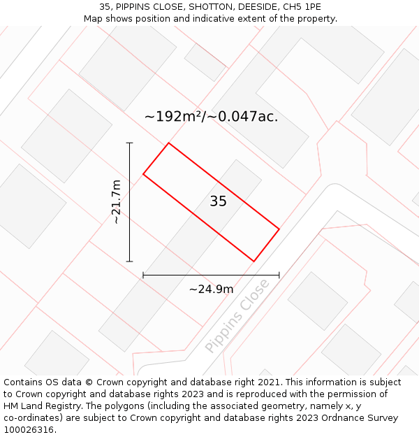 35, PIPPINS CLOSE, SHOTTON, DEESIDE, CH5 1PE: Plot and title map