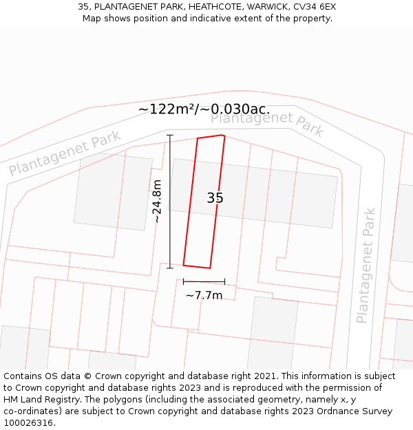35, PLANTAGENET PARK, HEATHCOTE, WARWICK, CV34 6EX: Plot and title map