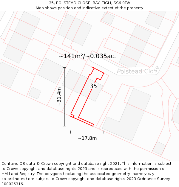 35, POLSTEAD CLOSE, RAYLEIGH, SS6 9TW: Plot and title map