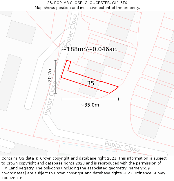 35, POPLAR CLOSE, GLOUCESTER, GL1 5TX: Plot and title map