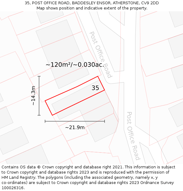 35, POST OFFICE ROAD, BADDESLEY ENSOR, ATHERSTONE, CV9 2DD: Plot and title map