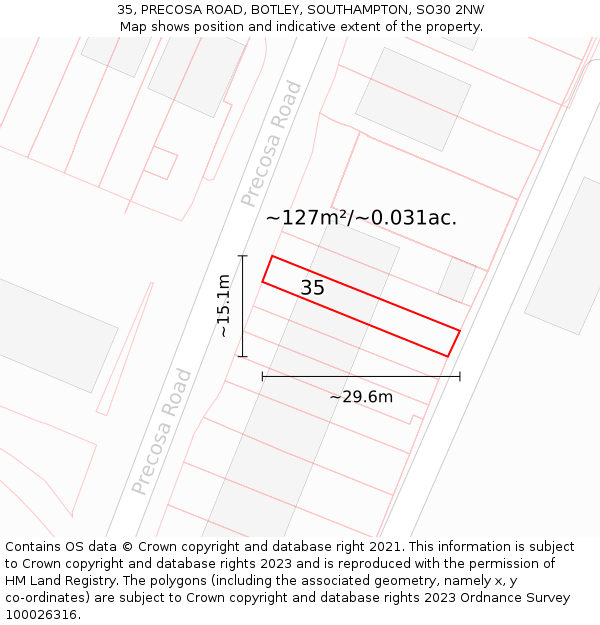35, PRECOSA ROAD, BOTLEY, SOUTHAMPTON, SO30 2NW: Plot and title map