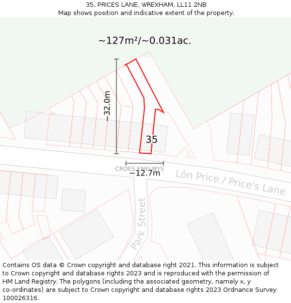 35, PRICES LANE, WREXHAM, LL11 2NB: Plot and title map