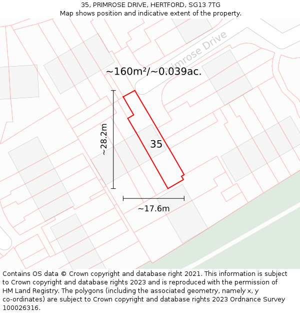 35, PRIMROSE DRIVE, HERTFORD, SG13 7TG: Plot and title map