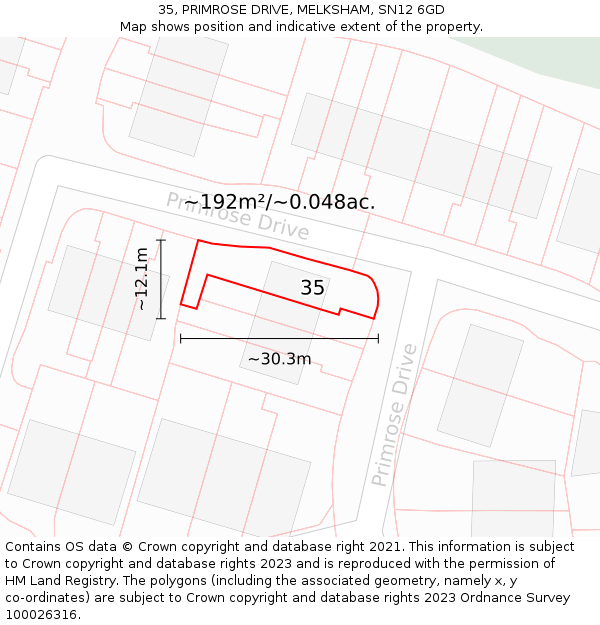 35, PRIMROSE DRIVE, MELKSHAM, SN12 6GD: Plot and title map