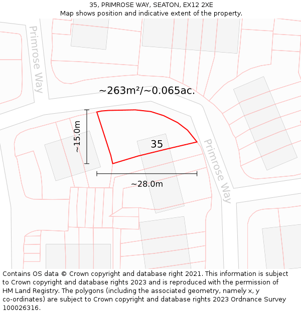 35, PRIMROSE WAY, SEATON, EX12 2XE: Plot and title map
