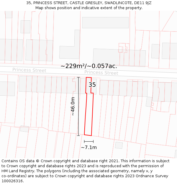 35, PRINCESS STREET, CASTLE GRESLEY, SWADLINCOTE, DE11 9JZ: Plot and title map