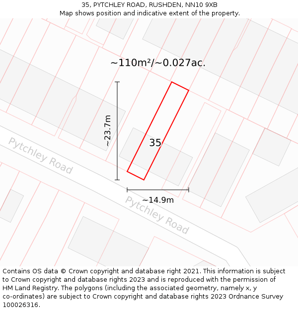 35, PYTCHLEY ROAD, RUSHDEN, NN10 9XB: Plot and title map