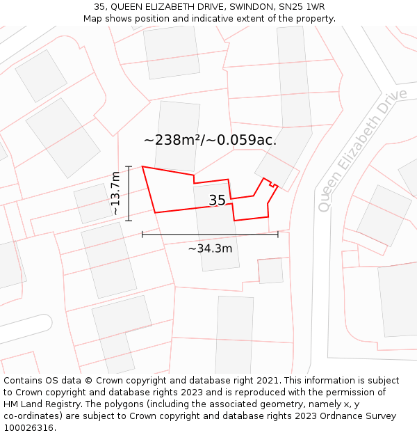 35, QUEEN ELIZABETH DRIVE, SWINDON, SN25 1WR: Plot and title map