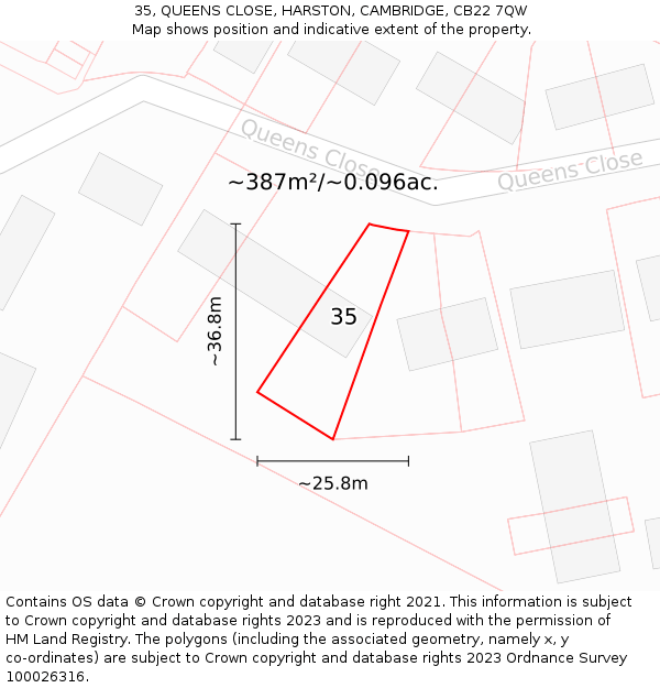 35, QUEENS CLOSE, HARSTON, CAMBRIDGE, CB22 7QW: Plot and title map