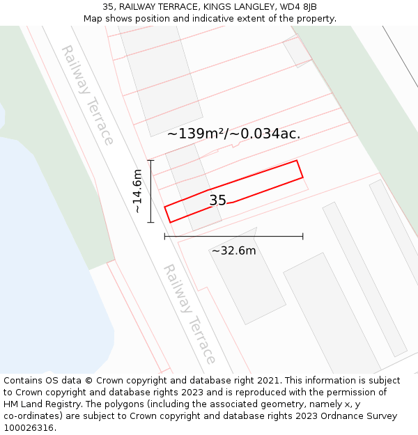 35, RAILWAY TERRACE, KINGS LANGLEY, WD4 8JB: Plot and title map