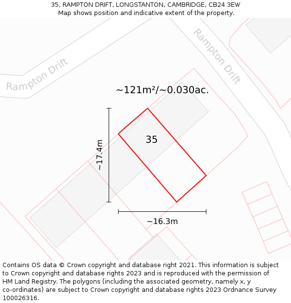 35, RAMPTON DRIFT, LONGSTANTON, CAMBRIDGE, CB24 3EW: Plot and title map