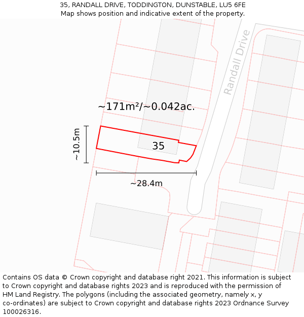 35, RANDALL DRIVE, TODDINGTON, DUNSTABLE, LU5 6FE: Plot and title map