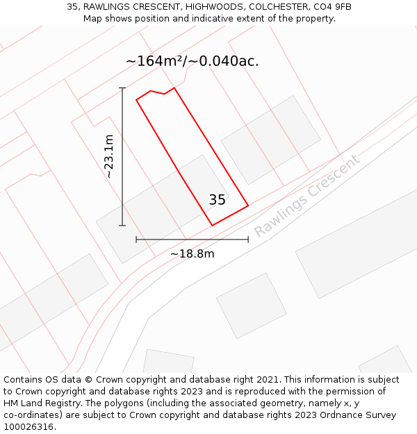 35, RAWLINGS CRESCENT, HIGHWOODS, COLCHESTER, CO4 9FB: Plot and title map