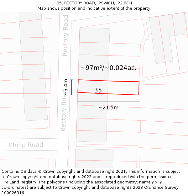 35, RECTORY ROAD, IPSWICH, IP2 8EH: Plot and title map