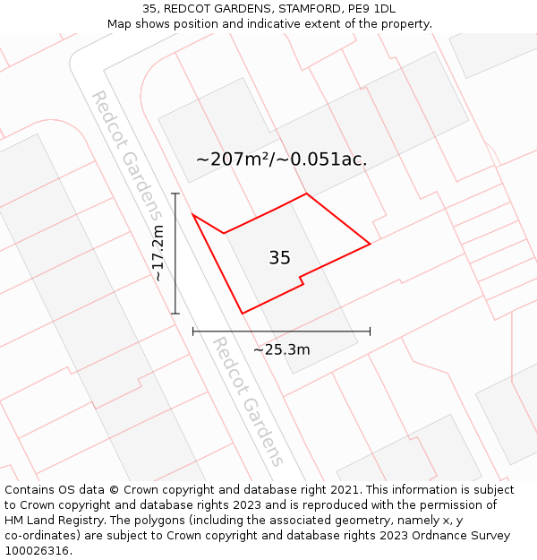 35, REDCOT GARDENS, STAMFORD, PE9 1DL: Plot and title map