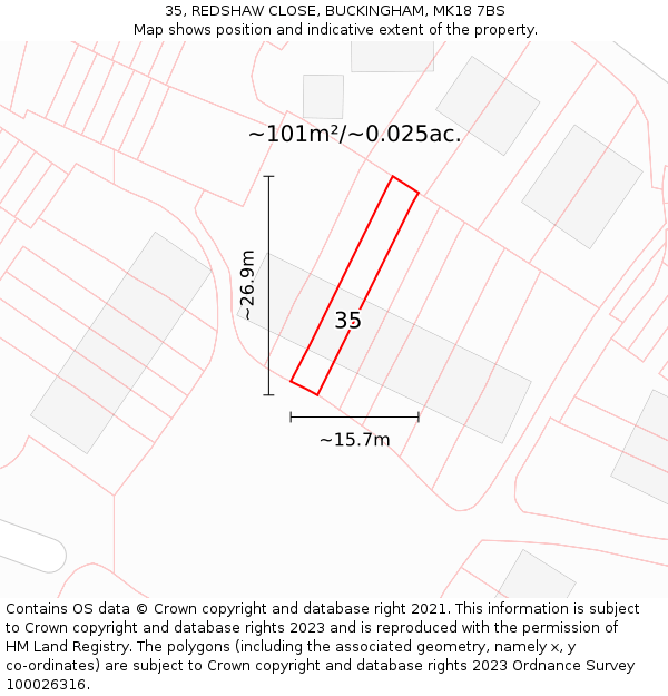 35, REDSHAW CLOSE, BUCKINGHAM, MK18 7BS: Plot and title map