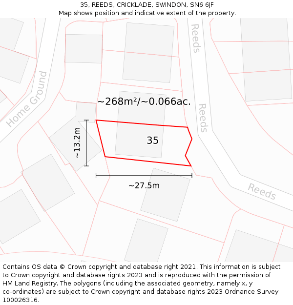 35, REEDS, CRICKLADE, SWINDON, SN6 6JF: Plot and title map