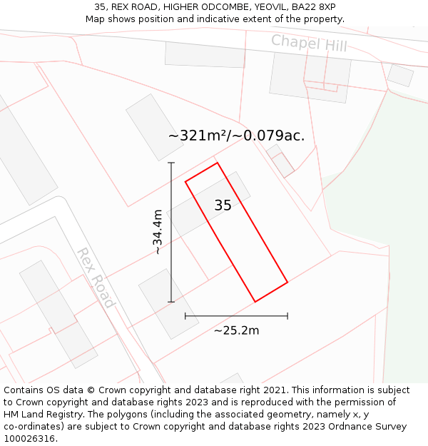 35, REX ROAD, HIGHER ODCOMBE, YEOVIL, BA22 8XP: Plot and title map