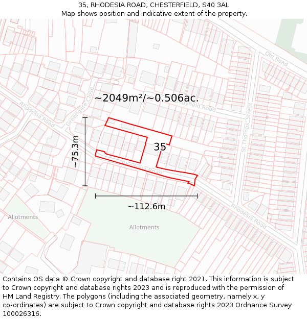 35, RHODESIA ROAD, CHESTERFIELD, S40 3AL: Plot and title map