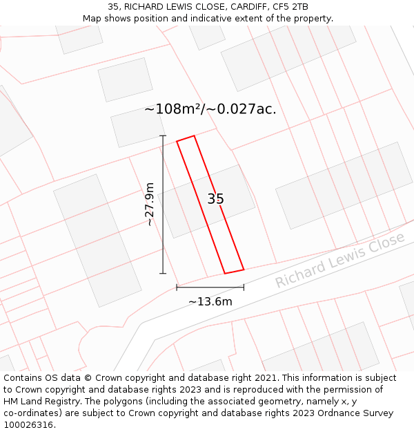 35, RICHARD LEWIS CLOSE, CARDIFF, CF5 2TB: Plot and title map