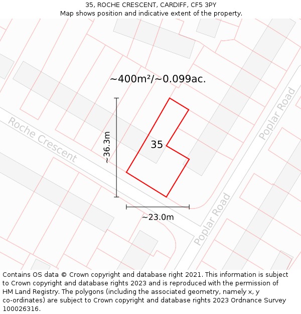35, ROCHE CRESCENT, CARDIFF, CF5 3PY: Plot and title map