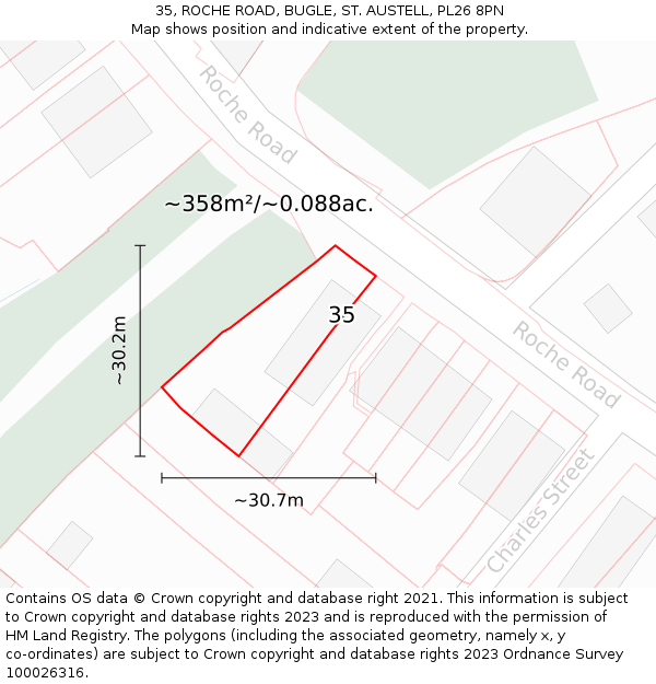 35, ROCHE ROAD, BUGLE, ST. AUSTELL, PL26 8PN: Plot and title map