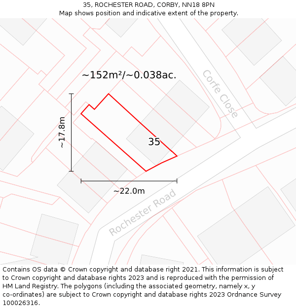 35, ROCHESTER ROAD, CORBY, NN18 8PN: Plot and title map