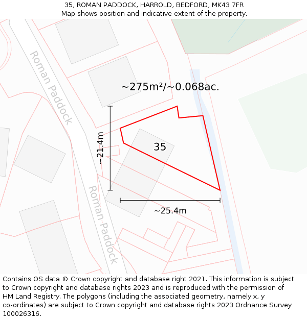 35, ROMAN PADDOCK, HARROLD, BEDFORD, MK43 7FR: Plot and title map
