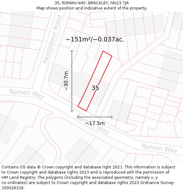 35, ROMAN WAY, BRACKLEY, NN13 7JA: Plot and title map