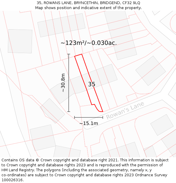 35, ROWANS LANE, BRYNCETHIN, BRIDGEND, CF32 9LQ: Plot and title map