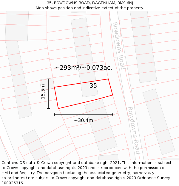 35, ROWDOWNS ROAD, DAGENHAM, RM9 6NJ: Plot and title map