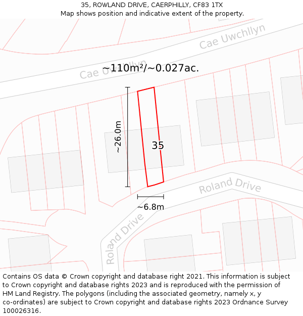 35, ROWLAND DRIVE, CAERPHILLY, CF83 1TX: Plot and title map