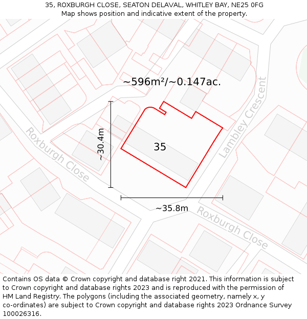 35, ROXBURGH CLOSE, SEATON DELAVAL, WHITLEY BAY, NE25 0FG: Plot and title map