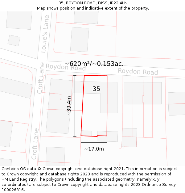 35, ROYDON ROAD, DISS, IP22 4LN: Plot and title map