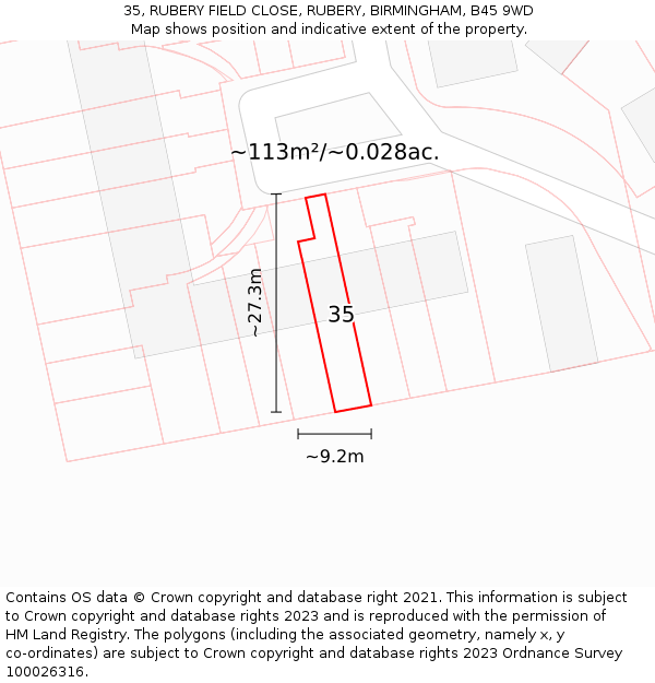 35, RUBERY FIELD CLOSE, RUBERY, BIRMINGHAM, B45 9WD: Plot and title map