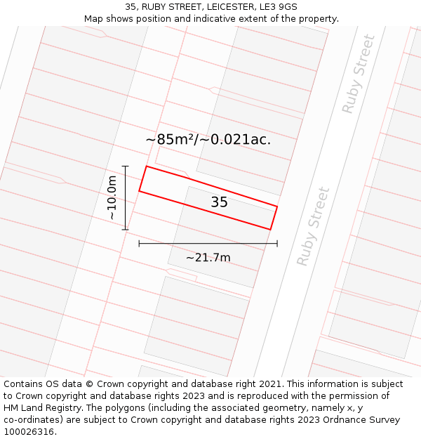 35, RUBY STREET, LEICESTER, LE3 9GS: Plot and title map