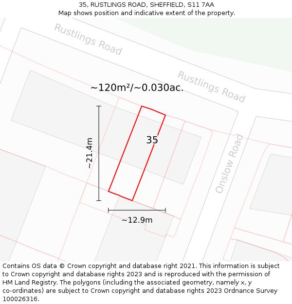 35, RUSTLINGS ROAD, SHEFFIELD, S11 7AA: Plot and title map