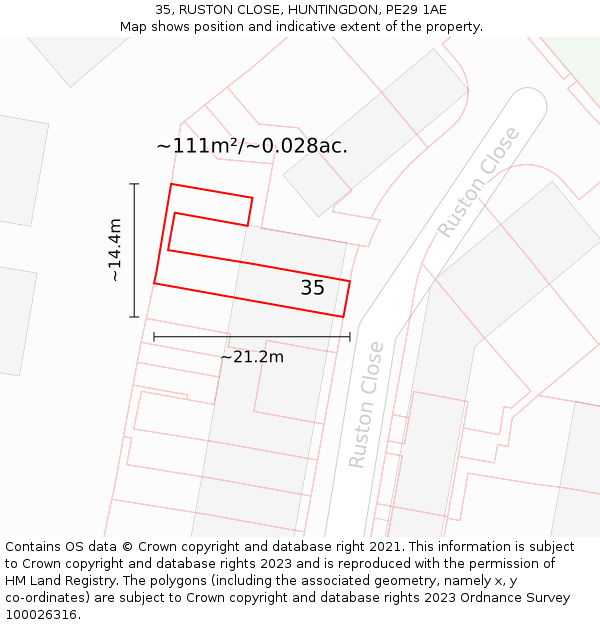 35, RUSTON CLOSE, HUNTINGDON, PE29 1AE: Plot and title map