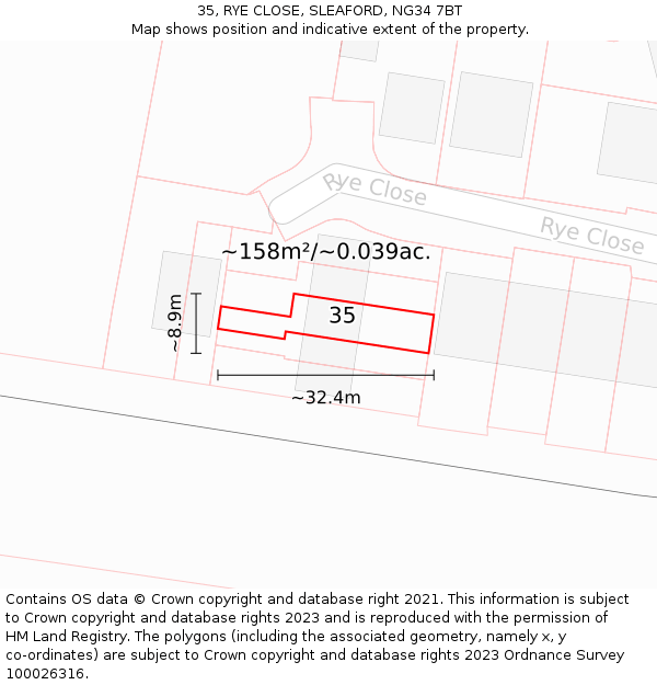 35, RYE CLOSE, SLEAFORD, NG34 7BT: Plot and title map