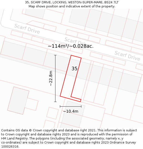 35, SCARF DRIVE, LOCKING, WESTON-SUPER-MARE, BS24 7LT: Plot and title map
