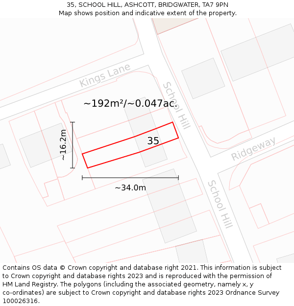 35, SCHOOL HILL, ASHCOTT, BRIDGWATER, TA7 9PN: Plot and title map